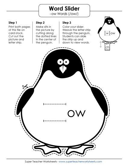 Word Slider, Flashcards, and Word Wheel /ow/ Sound (as in Cow) - Word Slider (-ow Words) (Printable PDF Worksheet)