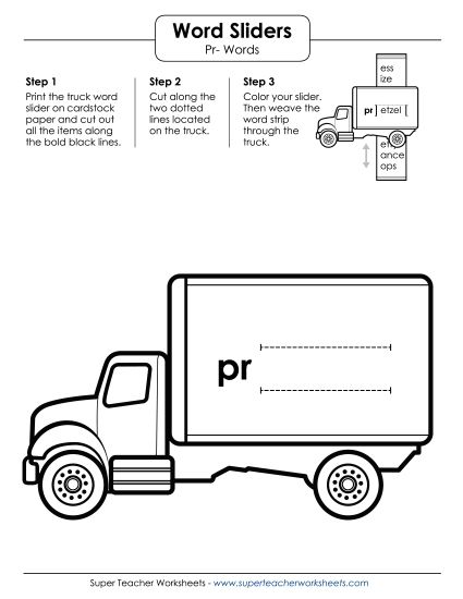 Flashcards, Slider, and Word Wheel - Word Slider (Pr- Words) (Printable PDF Worksheet)