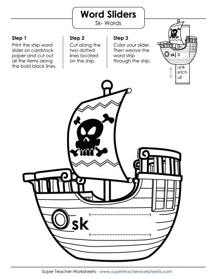 Flashcards, Slider, and Word Wheel - Word Slider (Sk- Words) (Printable PDF Worksheet)