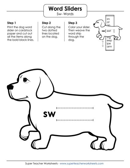 Flashcards, Slider, and Word Wheel - Word Slider (Sw- Words) (Printable PDF Worksheet)
