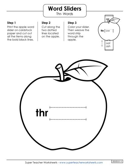 Flashcards, Sliders, and Word Wheels - Word Slider (Thr- Words) (Printable PDF Worksheet)