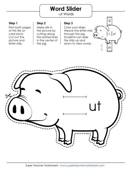 Word Slider, Flashcards, and Word Wheel - Word Slider (-ut Words) (Printable PDF Worksheet)