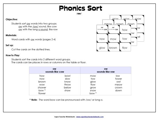 Word Sort: 2 Sounds of ow (Printable PDF Worksheet)