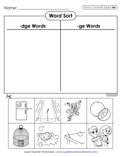 Cut-and-Glue Activities - Word Sort (-dge Words) - Advanced (Printable PDF Worksheet)