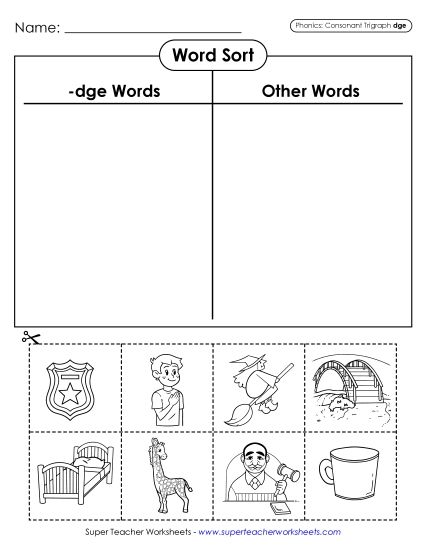Cut-and-Glue Activities - Word Sort (-dge Words) (Printable PDF Worksheet)