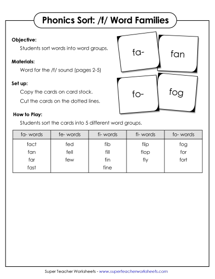 Card Games & Sorts - Word Sort - /f/ (Printable PDF Worksheet)