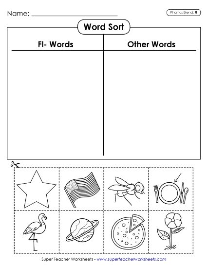 Cut and Glue Activities - Word Sort (Fl- Words) (Printable PDF Worksheet)