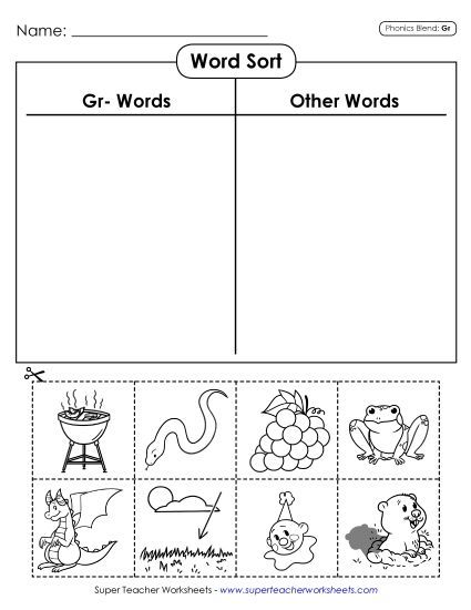 Cut and Glue Activities - Word Sort (Gr- Words) (Printable PDF Worksheet)