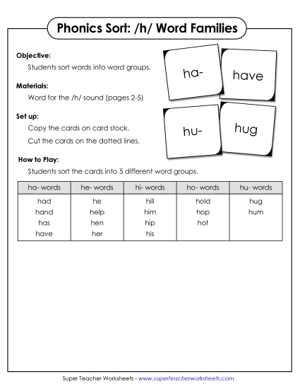 Card Games & Sorts - Word Sort - /h/ (Printable PDF Worksheet)