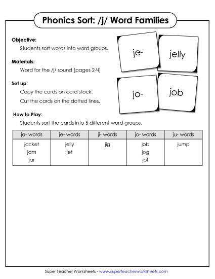 Card Games & Sorts - Word Sort - /j/ (Printable PDF Worksheet)