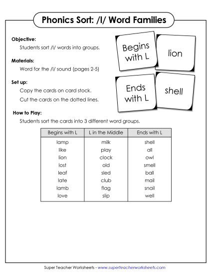 Card Games & Sorts - Word Sort - /L/ (Printable PDF Worksheet)