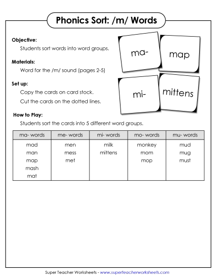 Card Games & Sorts - Word Sort - /m/ (Printable PDF Worksheet)