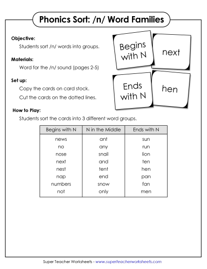 Card Games & Sorts - Word Sort - /n/ (Printable PDF Worksheet)
