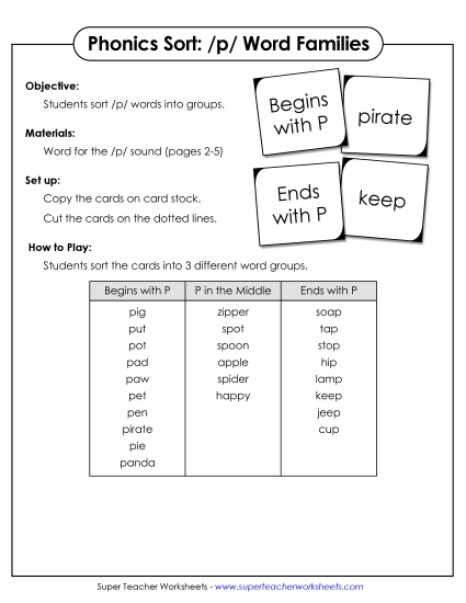 Card Games & Sorts - Word Sort - /p/ (Printable PDF Worksheet)