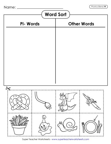 Cut and Glue Activities - Word Sort (Pl- Words) (Printable PDF Worksheet)