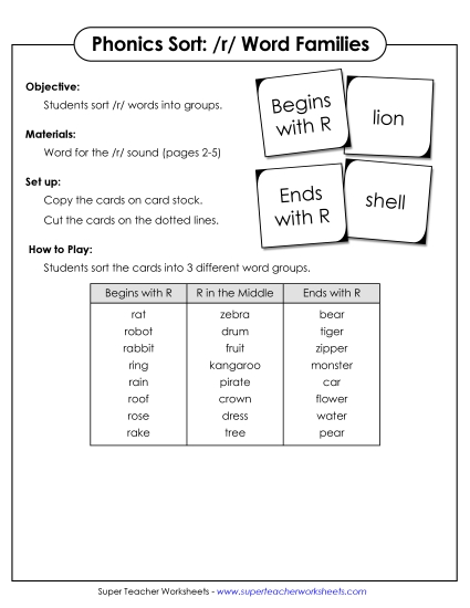 Card Games & Sorts - Word Sort - /r/ (Printable PDF Worksheet)