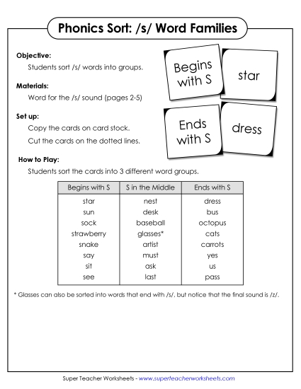 Card Games & Sorts - Word Sort - /s/ (Printable PDF Worksheet)