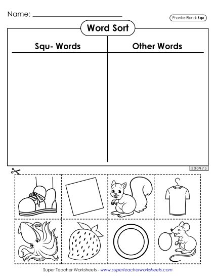Cut-and-Glue Activities - Word Sort (Squ- Words) (Printable PDF Worksheet)