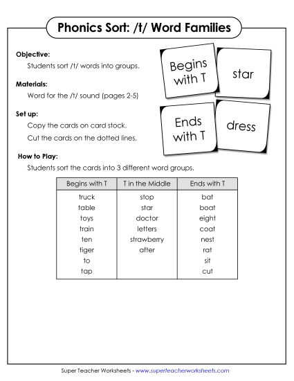 Card Games & Sorts - Word Sort - /t/ (Printable PDF Worksheet)