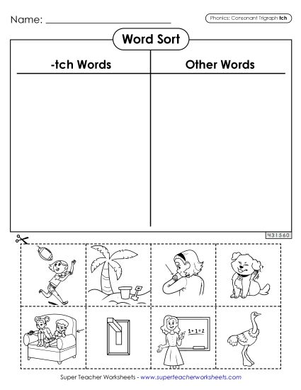 Cut-and-Glue Activities - Word Sort (-tch Words) - Advanced (Printable PDF Worksheet)