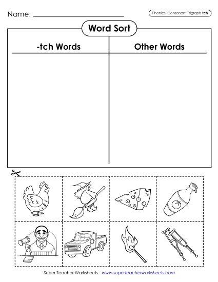 Cut-and-Glue Activities - Word Sort (-tch Words) (Printable PDF Worksheet)