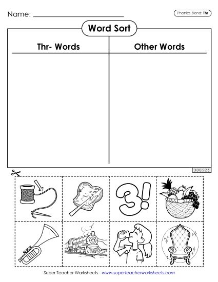 Worksheets - Word Sort (Thr- Words) (Printable PDF Worksheet)