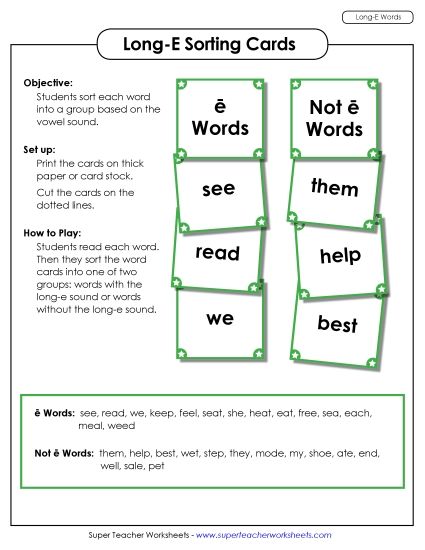 Games & Learning Centers - Word Sorting Cards (Long E Words) (Printable PDF Worksheet)
