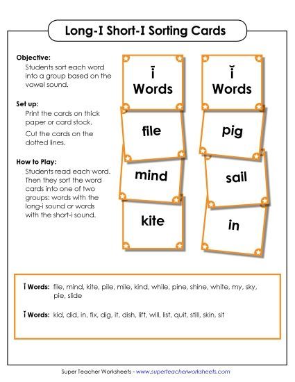 Word Sorting Cards: Long I and Short I (Printable PDF Worksheet)
