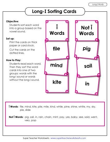 Games & Learning Centers - Word Sorting Cards (Long I Words) (Printable PDF Worksheet)
