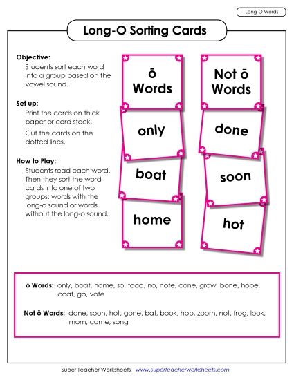 Games & Learning Centers - Word Sorting Cards (Long O Words) (Printable PDF Worksheet)