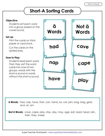 Games & Learning Centers - Word Sorting Cards (Short A Words) (Printable PDF Worksheet)