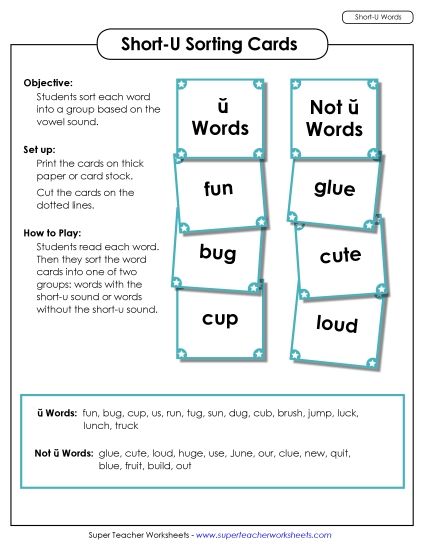 Games and Puzzles - Word Sorting Cards (Short U) (Printable PDF Worksheet)