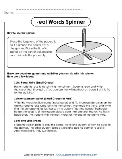 Word Games - Word Spinner (-eal) (Printable PDF Worksheet)