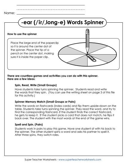 -ear ('eer' sound) Word Games - Word Spinner (-ear) (Printable PDF Worksheet)