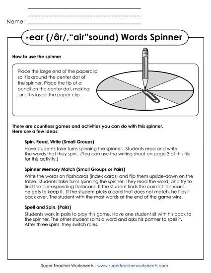 -ear ('air' sound) Word Games - Word Spinner (-ear) (Printable PDF Worksheet)