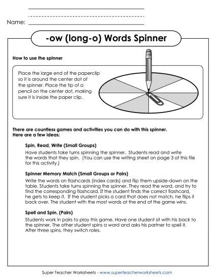 Word Games Long-O Sound (as in Glow) - Word Spinner (-ow) (Printable PDF Worksheet)