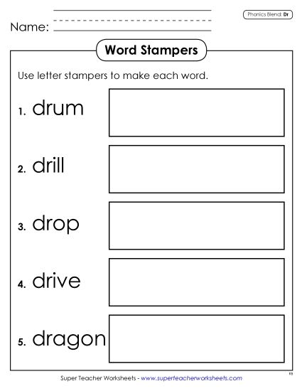 Games & Learning Centers - Word Stampers (Dr- Words) (Printable PDF Worksheet)