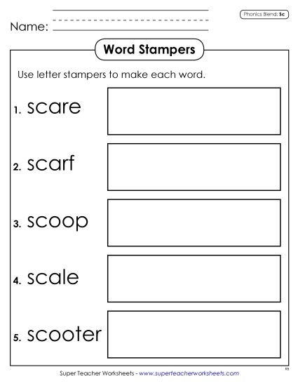Games & Learning Centers - Word Stampers (Sc- Words) (Printable PDF Worksheet)