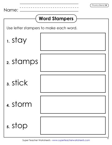 Games & Learning Centers - Word Stampers (St- Words) (Printable PDF Worksheet)