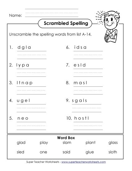 Worksheets - Word Unscramble (A-14) (Printable PDF Worksheet)