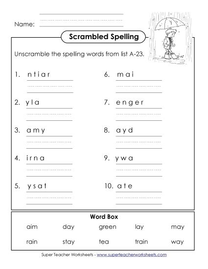 Worksheets - Word Unscramble (A-23) (Printable PDF Worksheet)