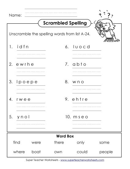 Worksheets - Word Unscramble (A-24) (Printable PDF Worksheet)