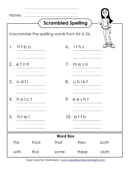 Worksheets - Word Unscramble (A-26) (Printable PDF Worksheet)