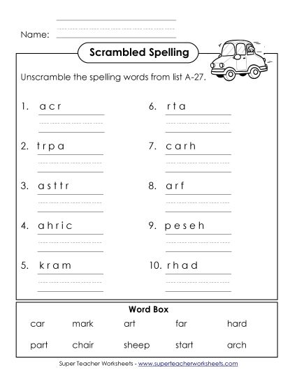 Worksheets - Word Unscramble (A-27) (Printable PDF Worksheet)