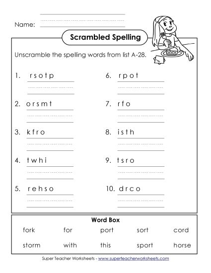 Worksheets - Word Unscramble (A-28) (Printable PDF Worksheet)