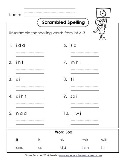 Worksheets - Word Unscramble (A-3) (Printable PDF Worksheet)