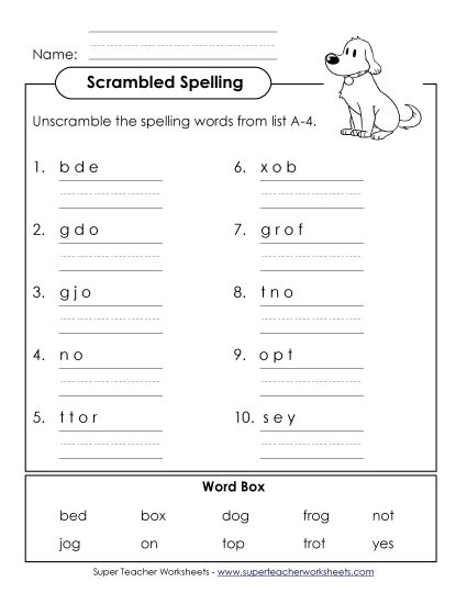 Worksheets - Word Unscramble (A-4) (Printable PDF Worksheet)