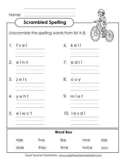 Worksheets - Word Unscramble (A-8) (Printable PDF Worksheet)