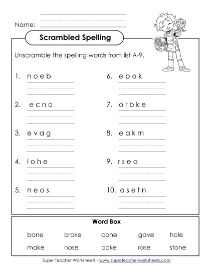 Worksheets - Word Unscramble (A-9) (Printable PDF Worksheet)