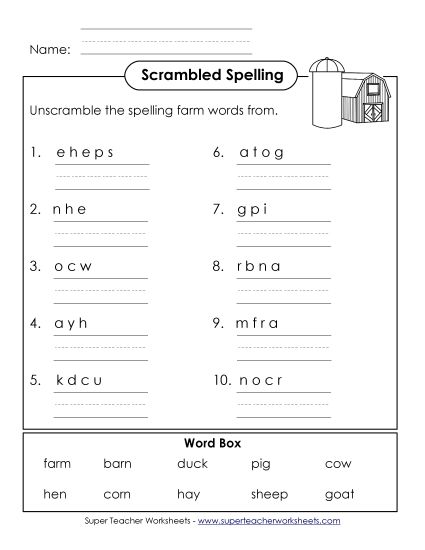 Printable Worksheets - Word Unscramble (A-Farm Words)  (Printable PDF Worksheet)